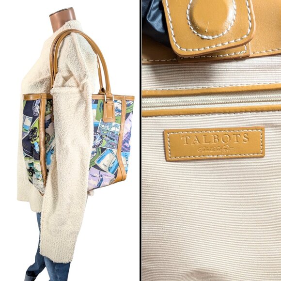Talbots Canvas & Leather Travel Postcard Large Lined Tote Bag Novelty Passport - Picture 9 of 9